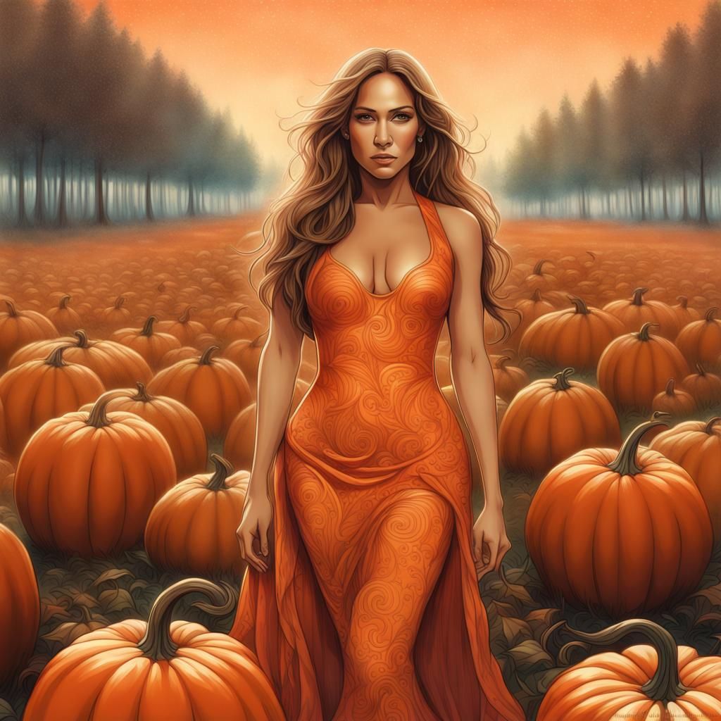 Woman in Orange Dress Standing in Pumpkin Field