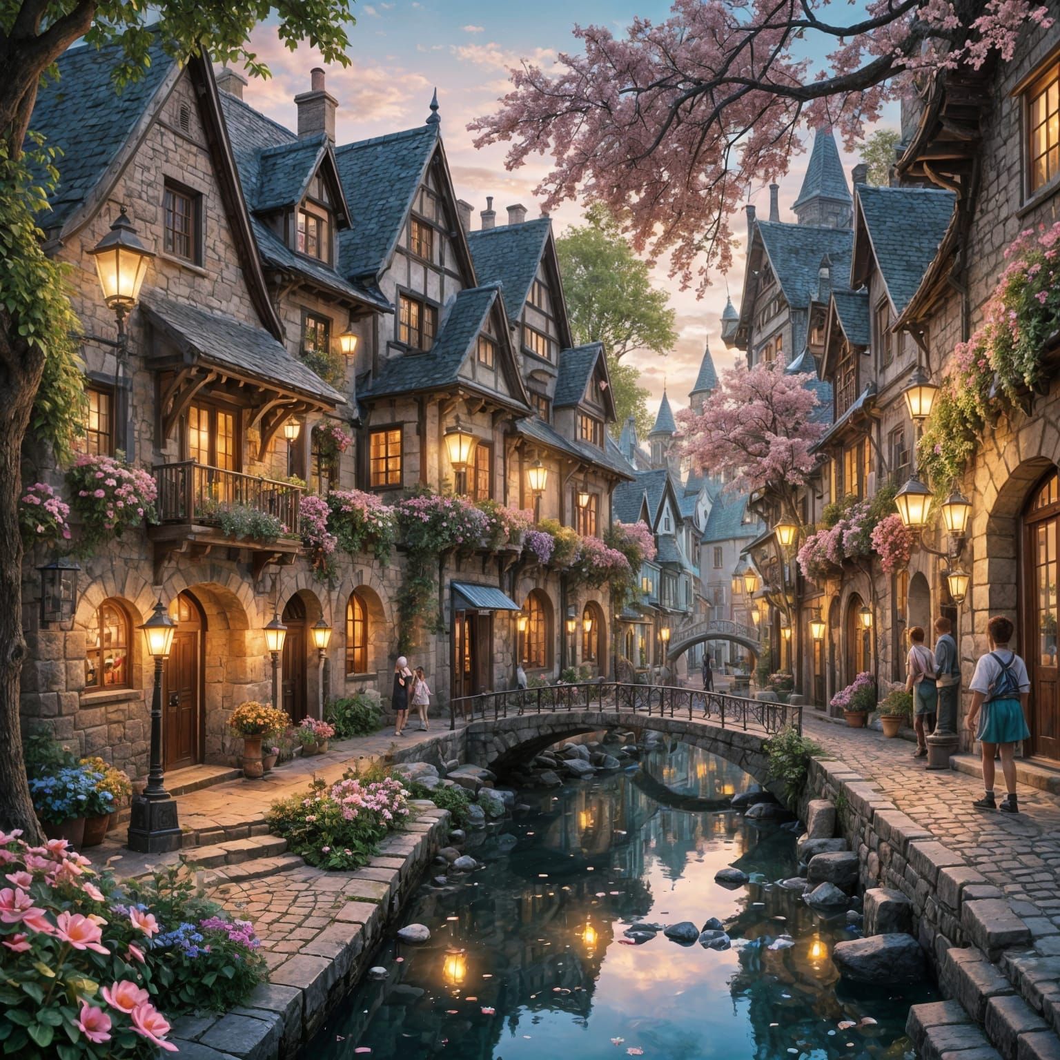 Charming Town with Crystal River in Fantasy Style