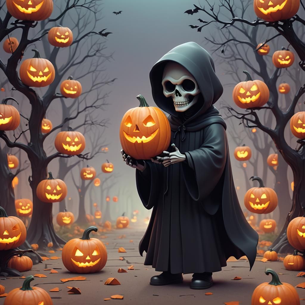 Kawaii Grim Reaper with Pumpkin in 3D Style
