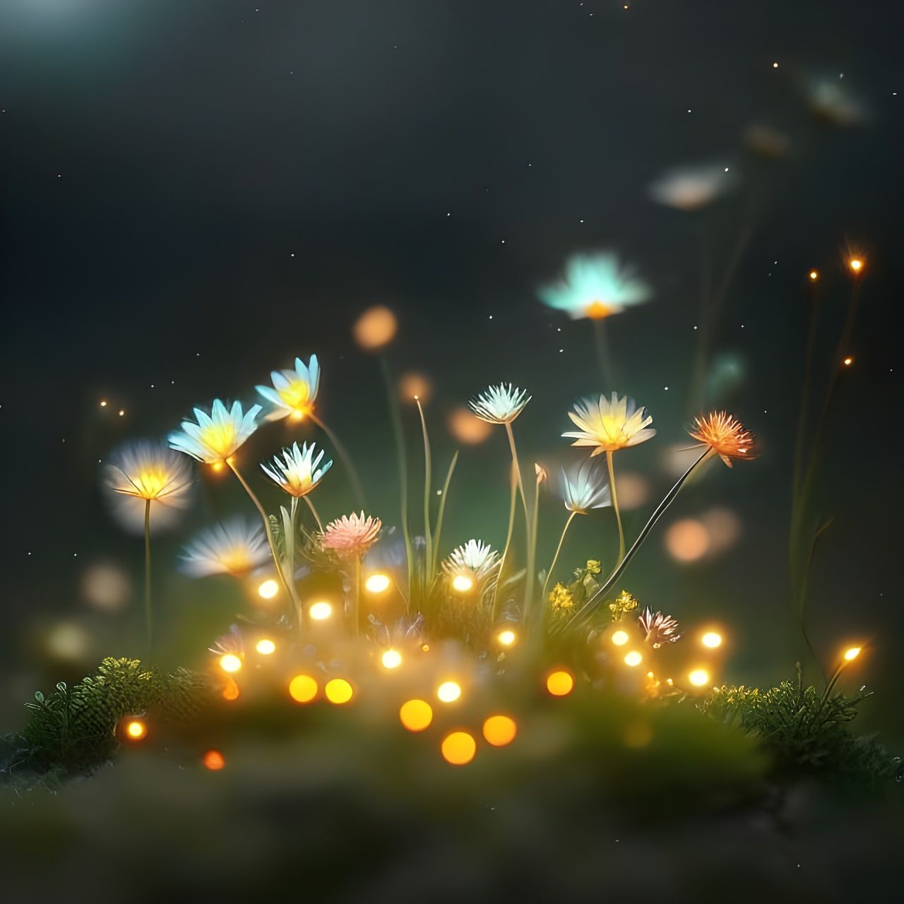 Glowing Flowers at Night in Fantastic Realism