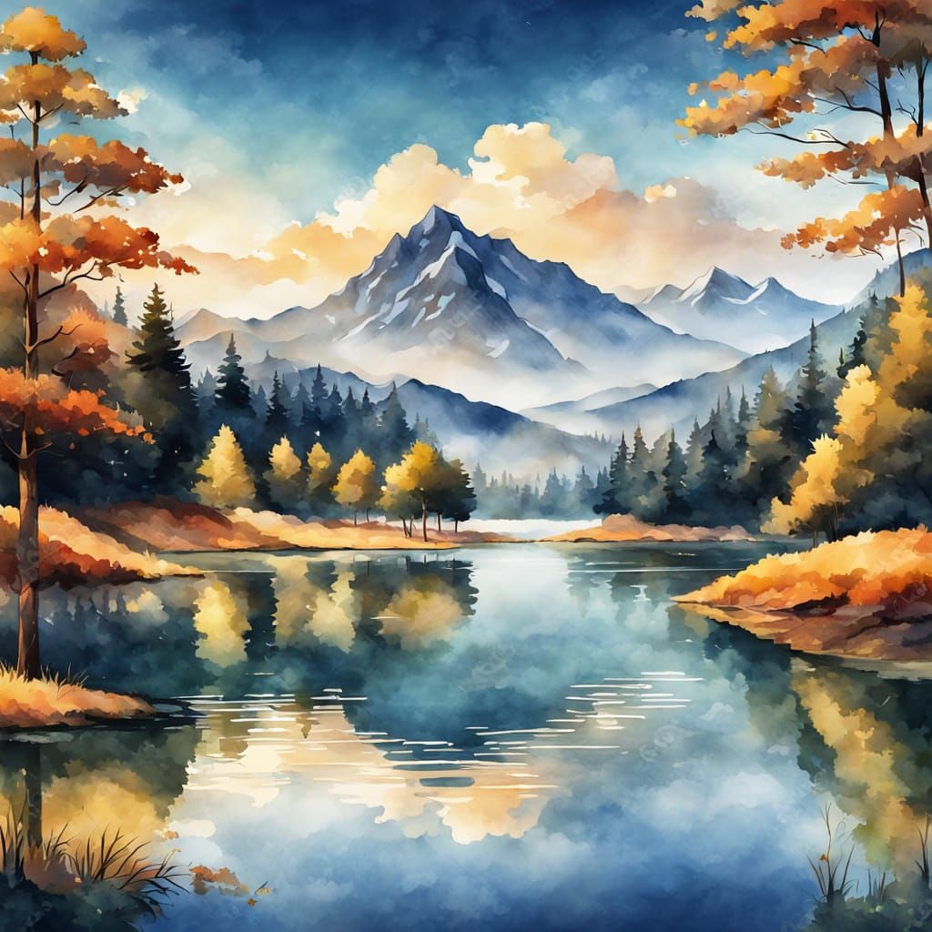 Serene Watercolor Lake Scene with Majestic Mountains