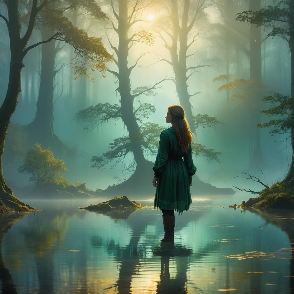 Girl in Misty Forest: Dreamlike Matte Painting