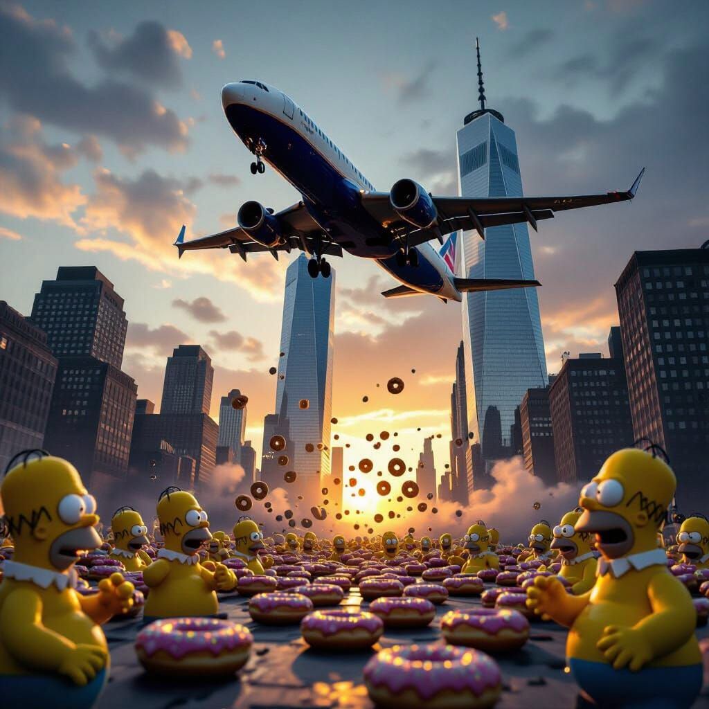 Airplane Nearing Skyscrapers Amidst Homer Simpson Swarm