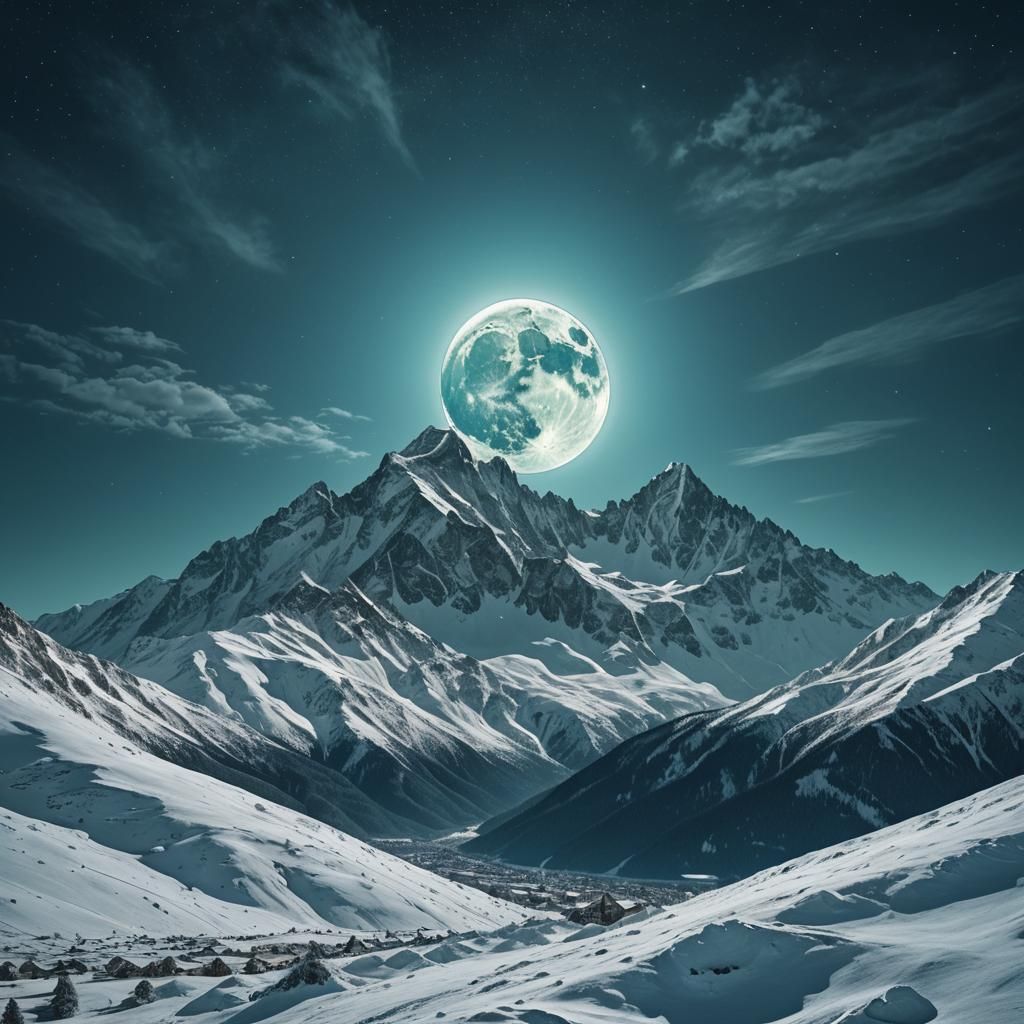 Turquoise Moon Over Snow Mountain: Digital Matte Painting