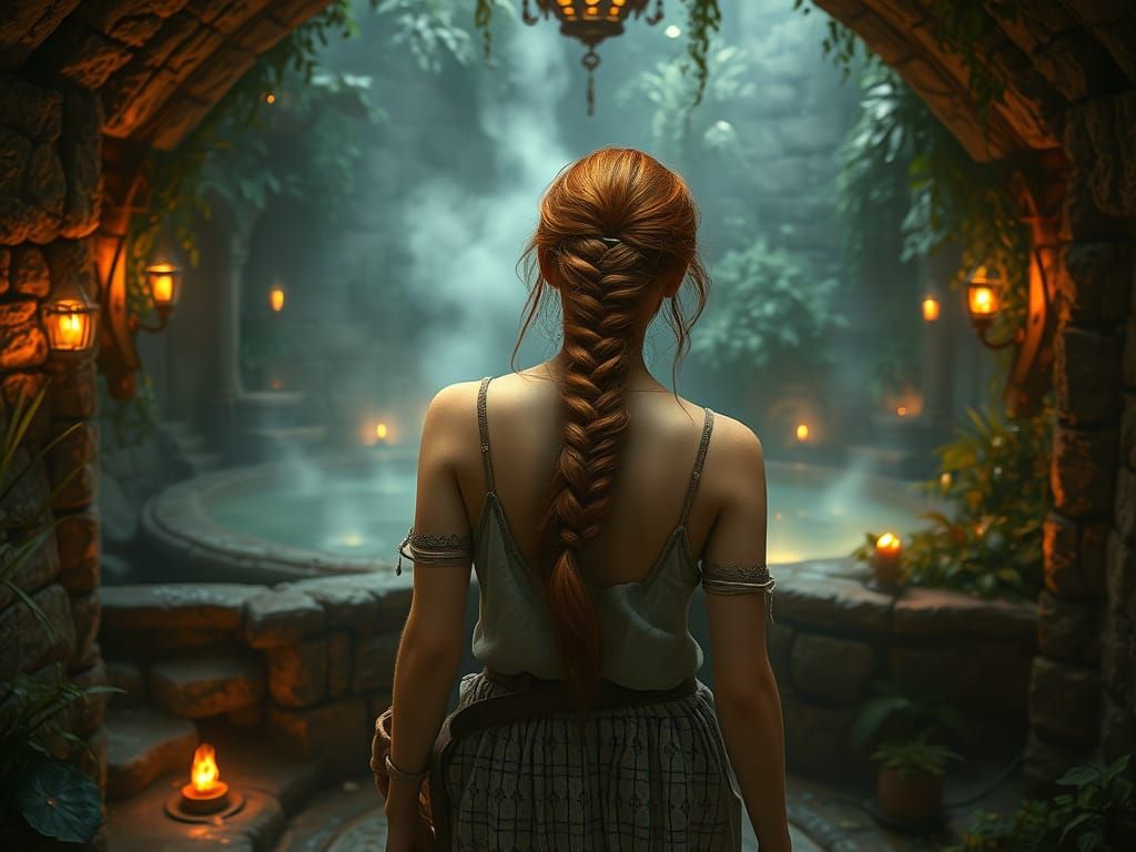 Medieval Goddess Embracing Warmth in Enchanted Spa