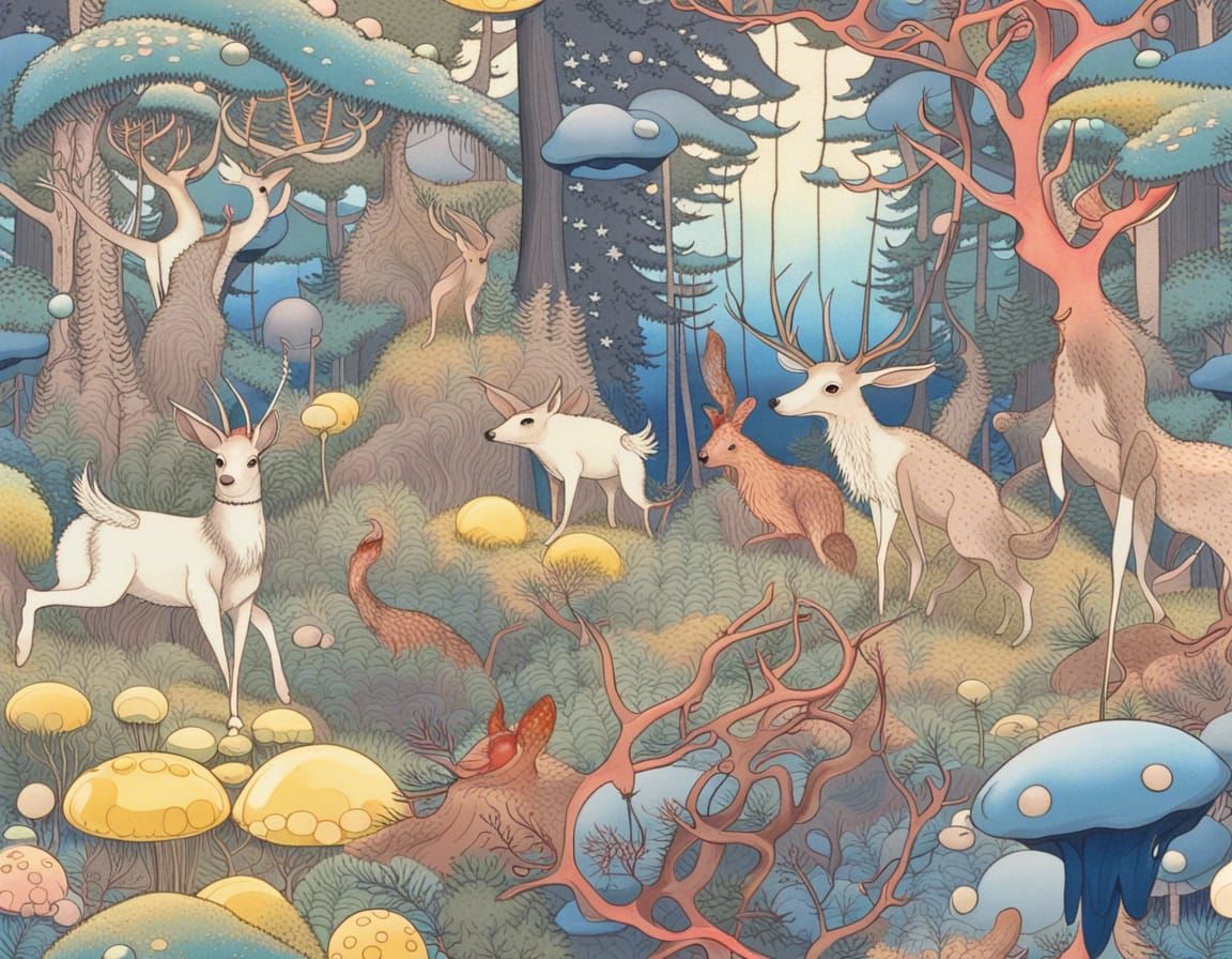 Japanese Anime Fairies and Forest Wildlife