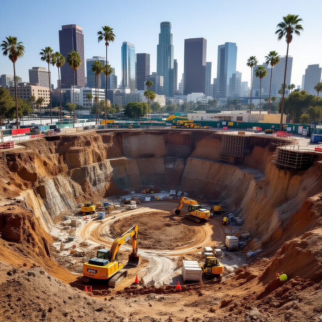 Deep Construction Pit in Los Angeles at Noon