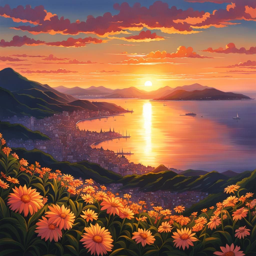 Anime Sunset Over the Bay