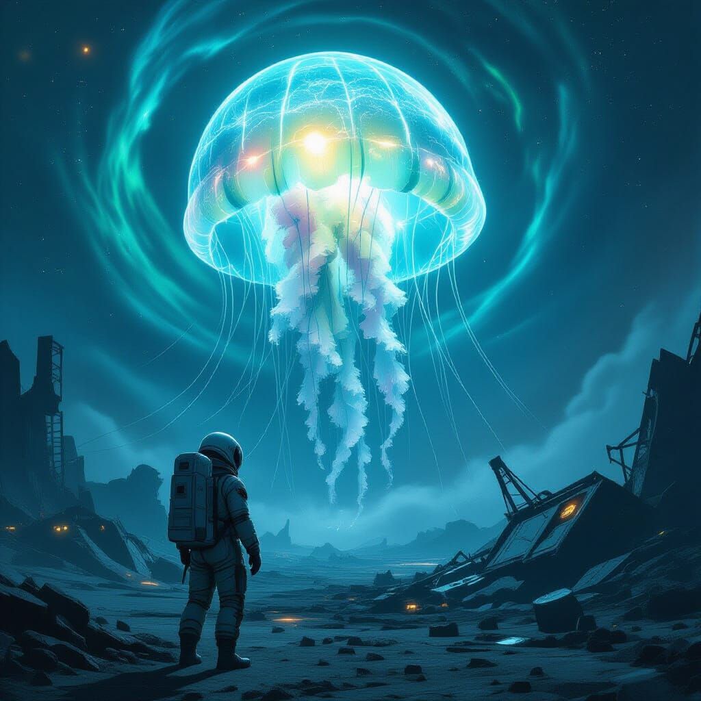 Bioluminescent Jellyfish on Alien Planet: Surreal Sci-Fi Art