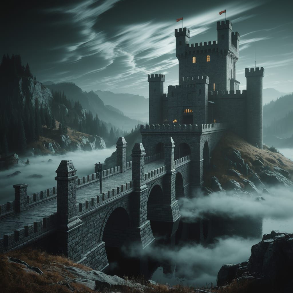 Medieval Castle Bridge in a Stormy Landscape