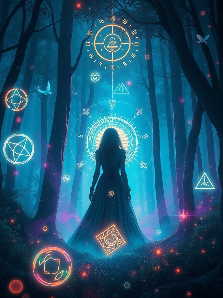 Mystical Forest Woman with Glowing Symbols in Digital Art