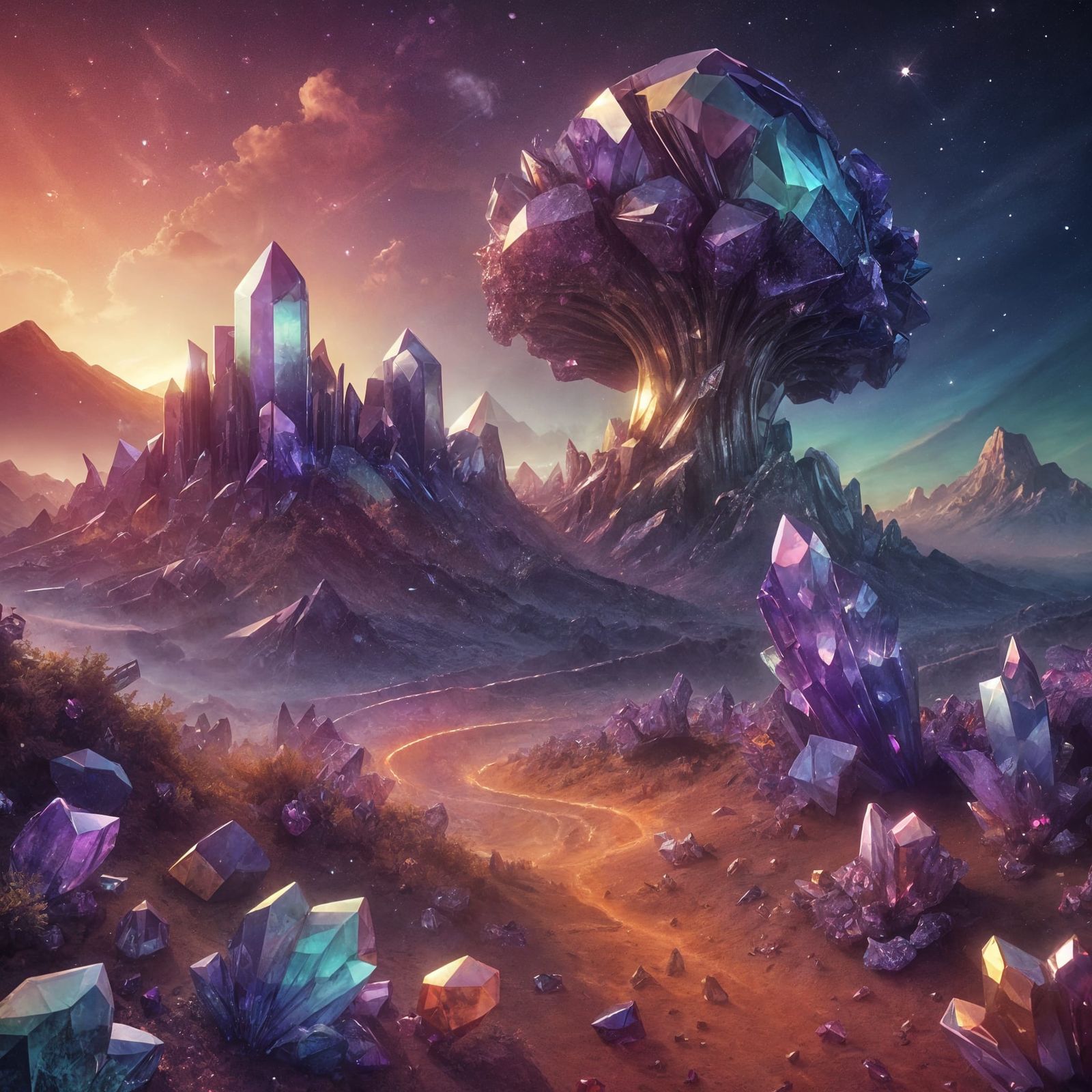Fantasy Landscape Illuminated by Sparkling Gemstones