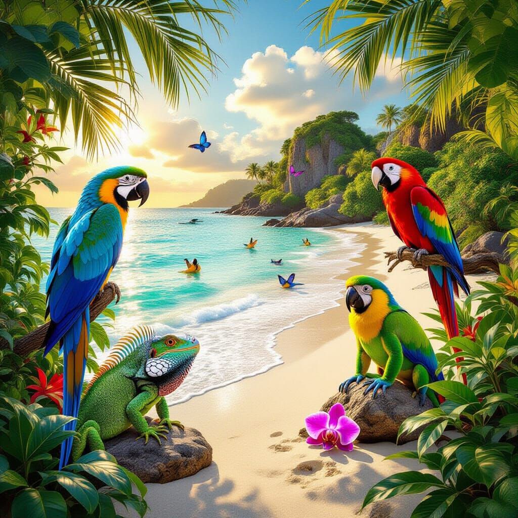Vibrant Tropical Paradise With Rainbow Animals and Golden Ho...