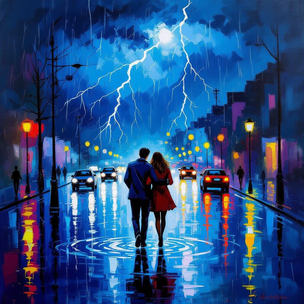 Turbulent Night Storm with Figures in Abstract Style