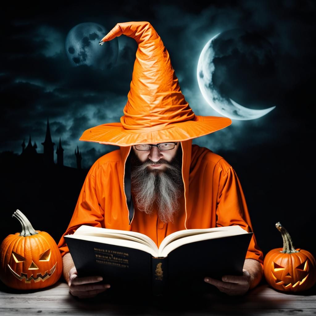 Pointy Hat Wizard Reading a Book on Halloween