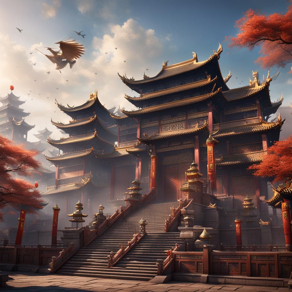 Chinese Temple Fortress Amidst War, Detailed Matte Painting