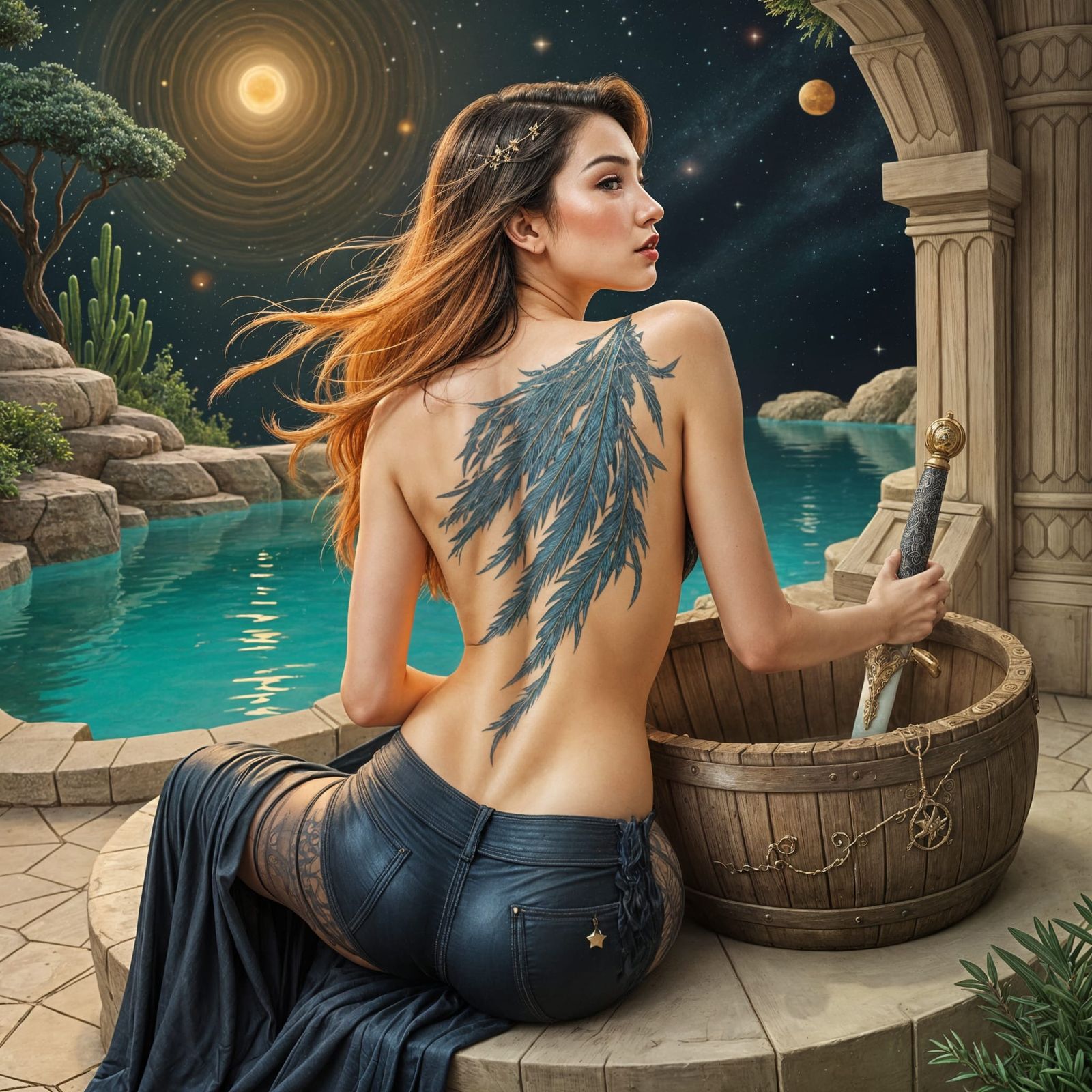 Porcelain Elf Maiden with Starry Tattoo and Multicolored Hai...