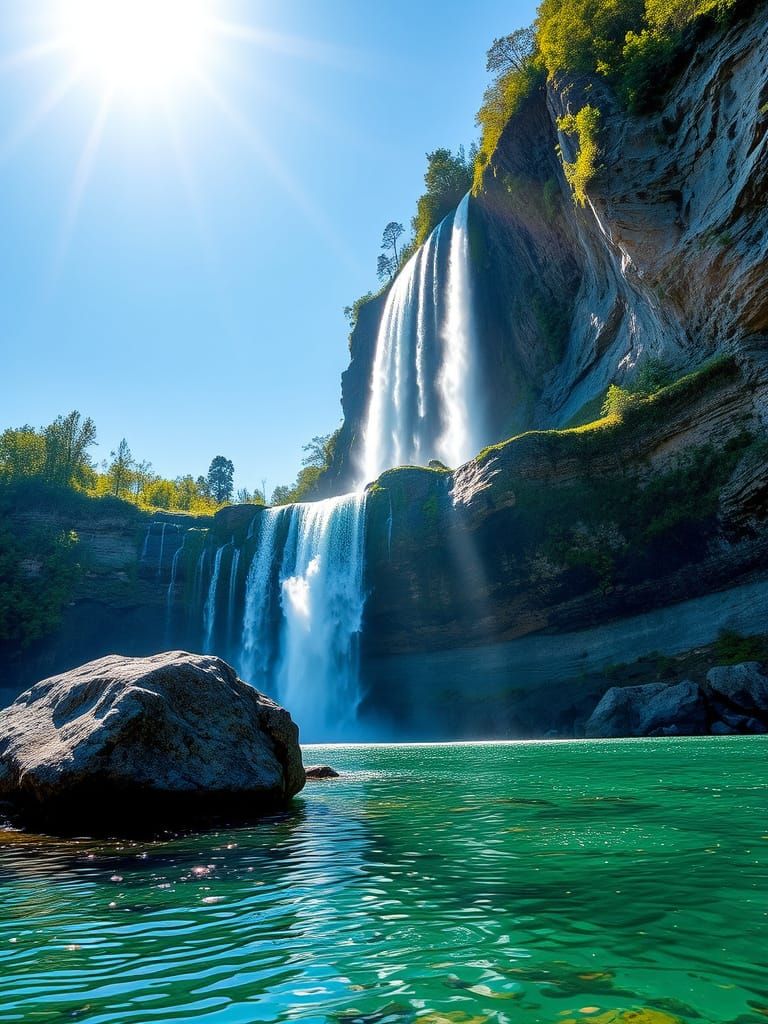 Serene Waterfall Scene with Radiant Sunlight