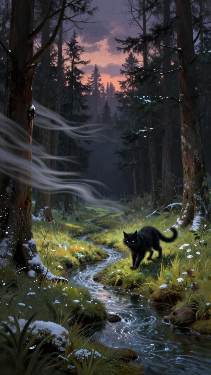 Fearsome Yule Cat Stalks Snowy Forest Meadow