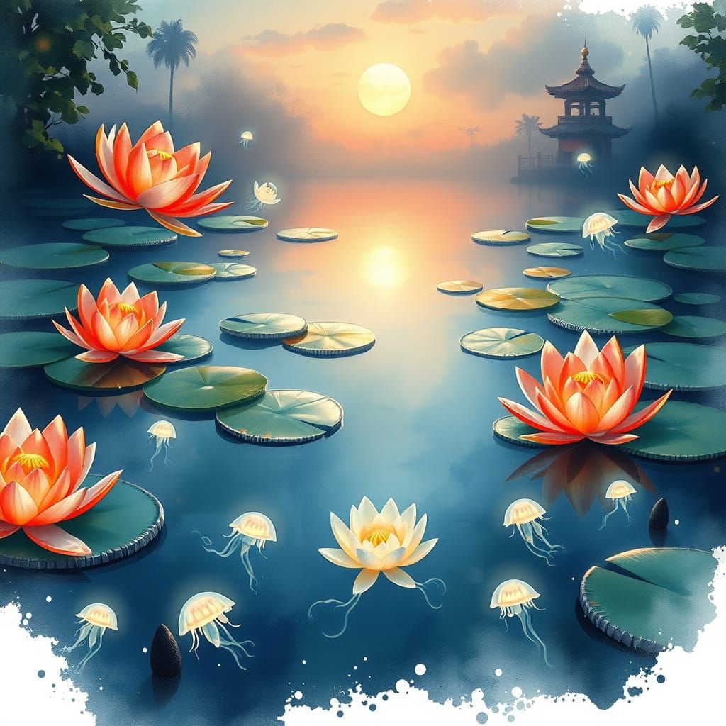 Twilight Koi Pond with Bioluminescent Jellyfish in Watercolo...