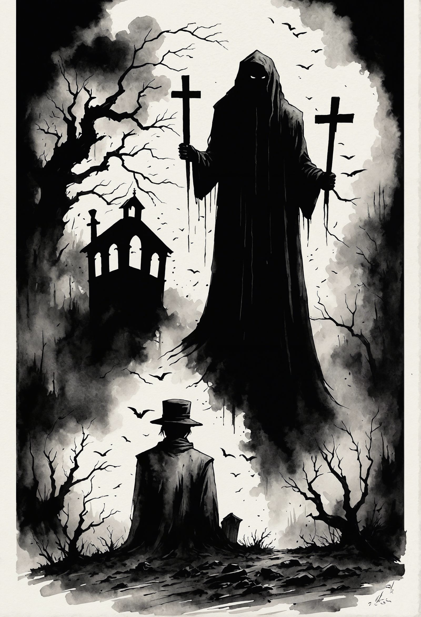 Minimalist Ghost Graveyard Ink Painting