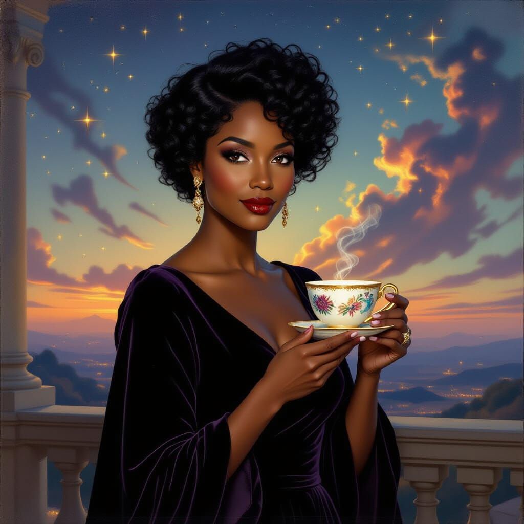 African Woman with Celestial Teacup Overlooking Nebula