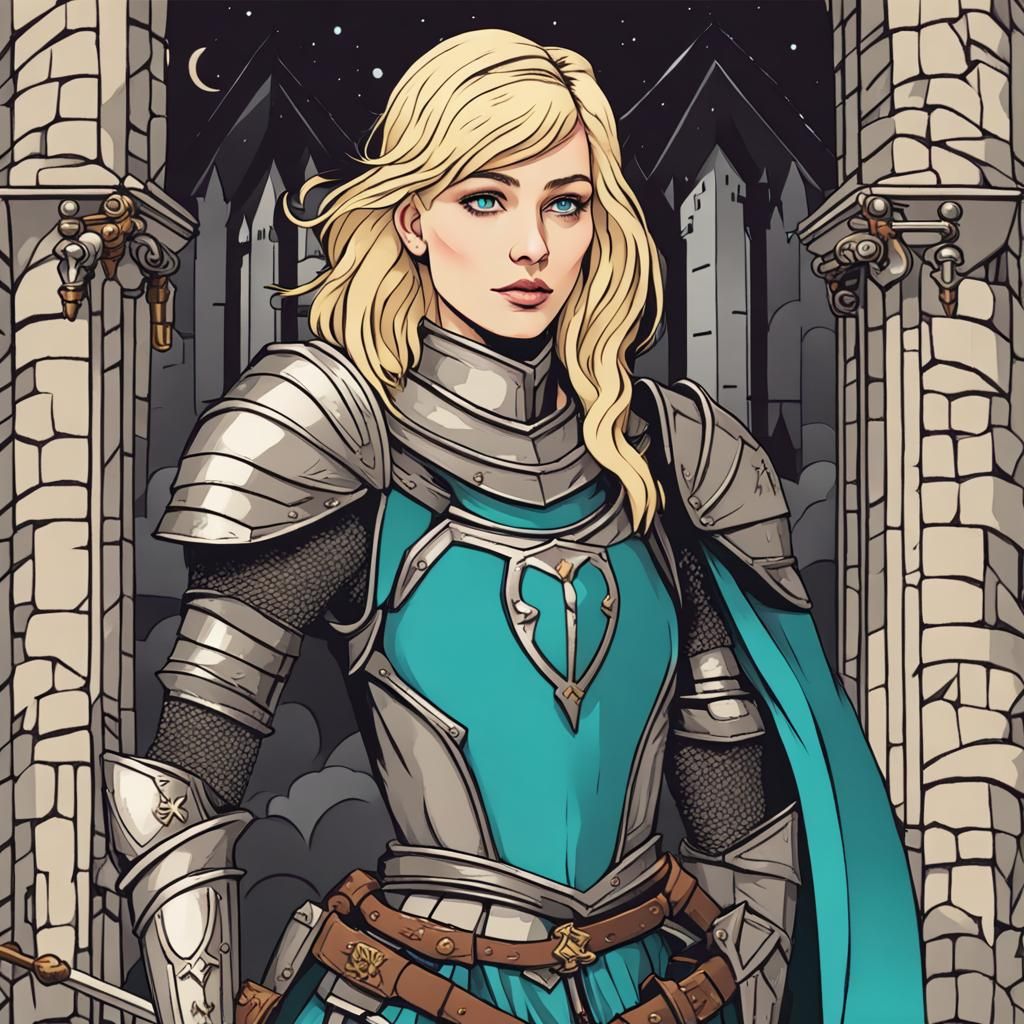 Blond Knight Guarding Castle in Tarot Card Style