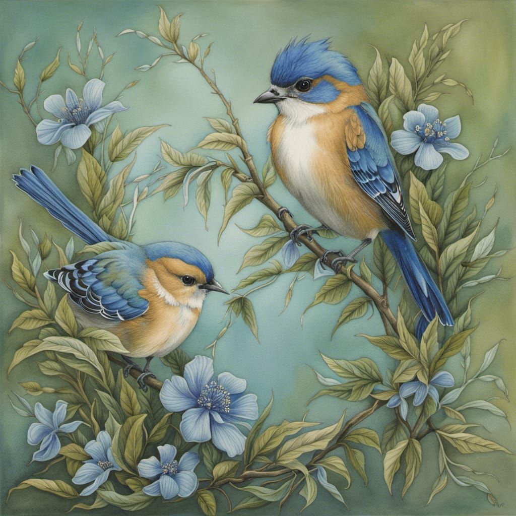 Intricate Blue Ink Drawing of a Songbird