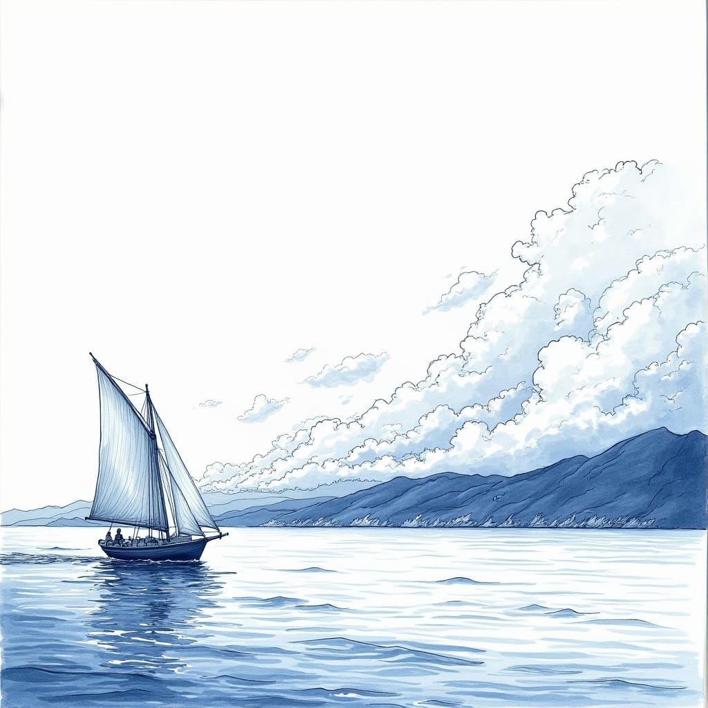 Line Art Sailboat on Calm Sea in Azulejos Style