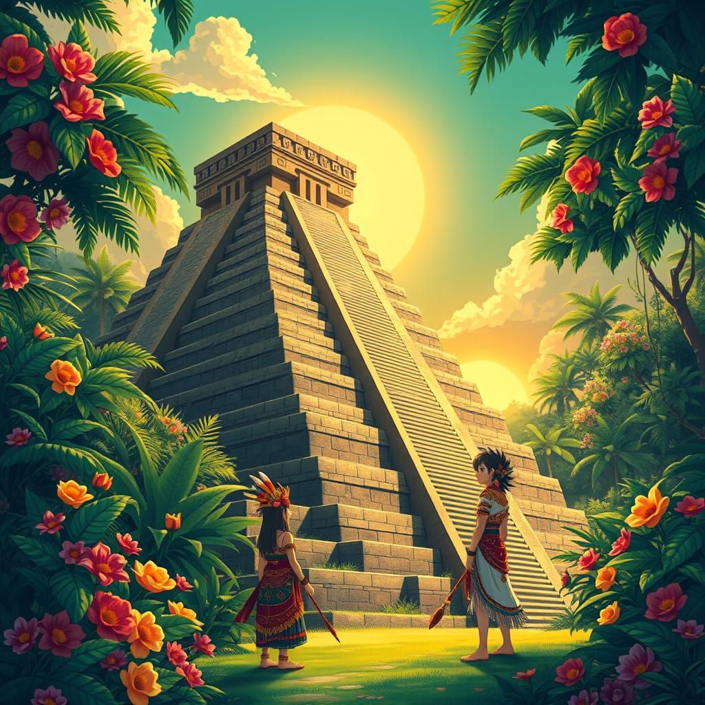 Ancient Aztec Pyramid in Vibrant Anime Style