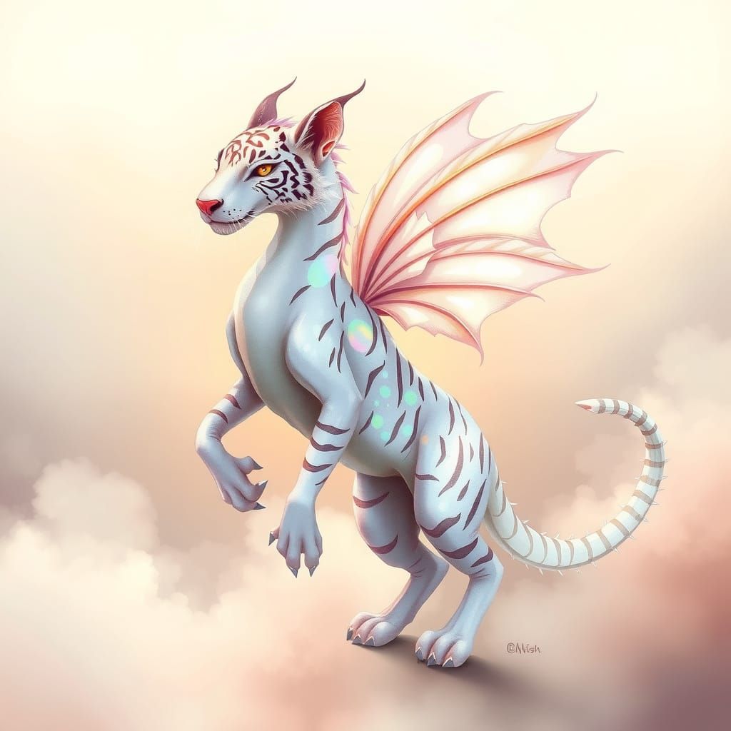 Ethereal Fairy Dragon Tiger with Iridescent Scales in Soft H...
