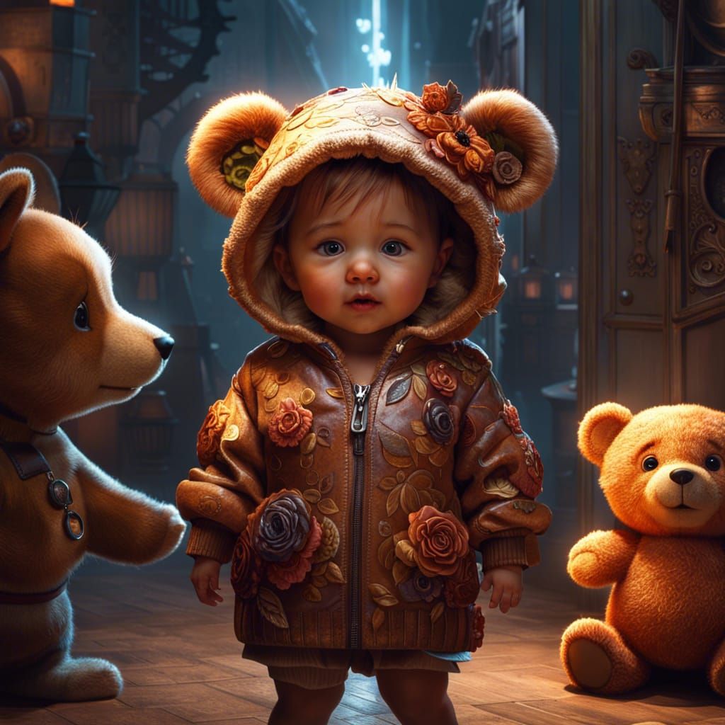 Toddler in Teddy Bear Costume: 3D Digital Art