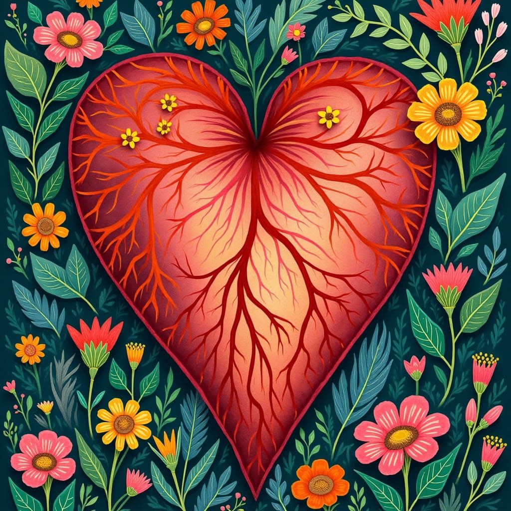 Stylized Heart Illustration with Floral Accents