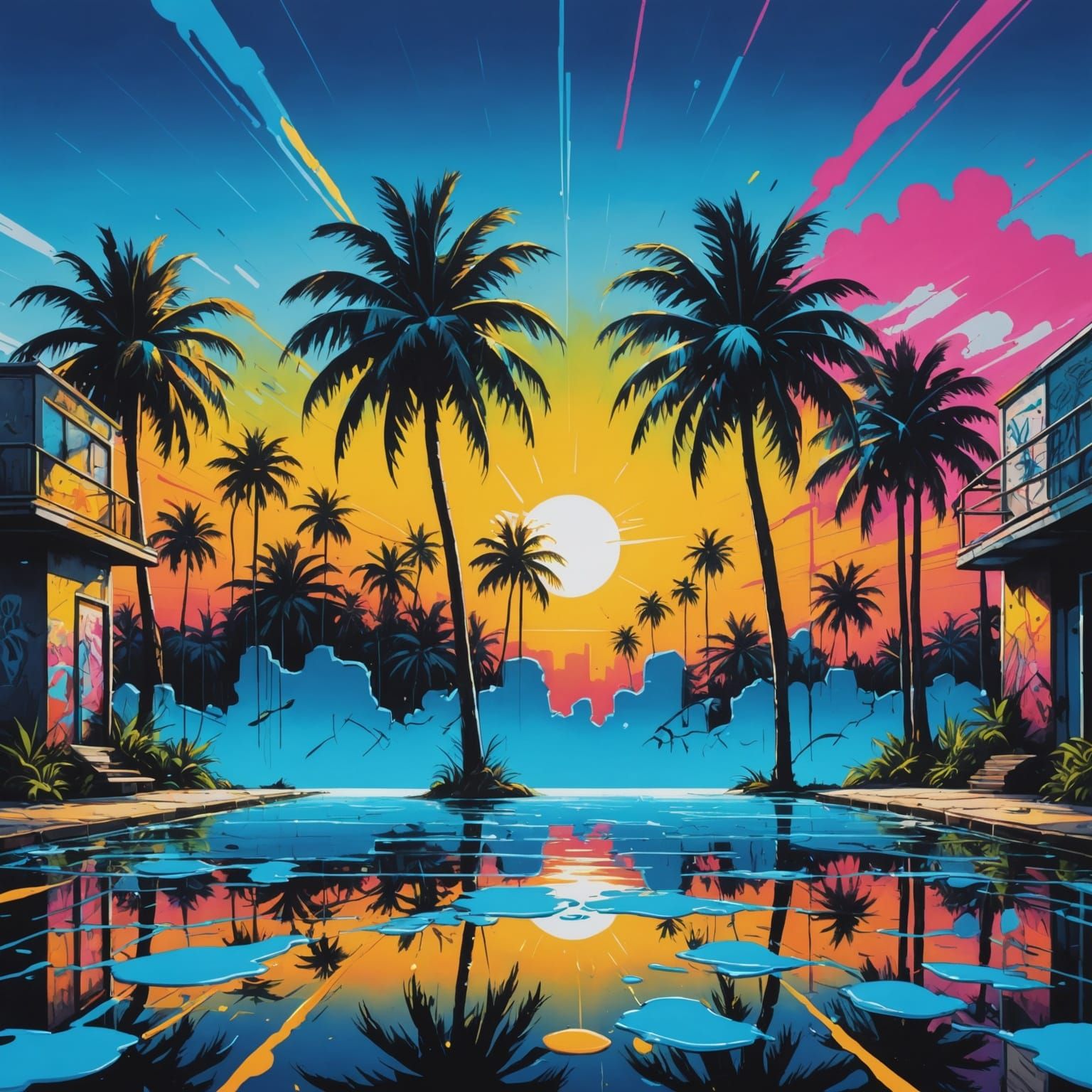 Neon Palm Trees in Graffiti Splash Art Style