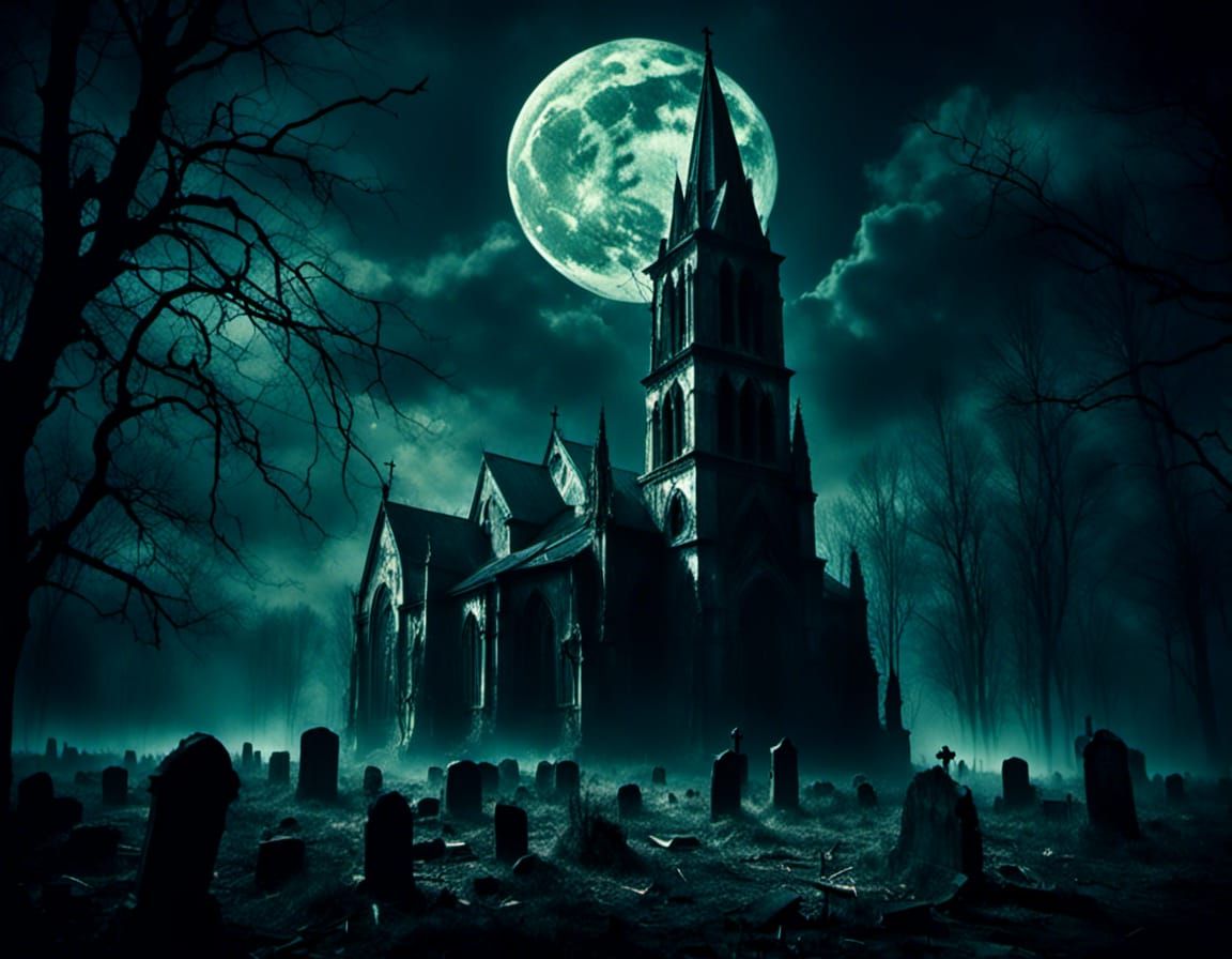 Moonlit Haunted Church in Gothic Art Style