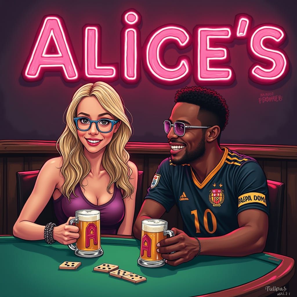 Woman Playing Dominoes in a Vibrant Bar, Digital Painting