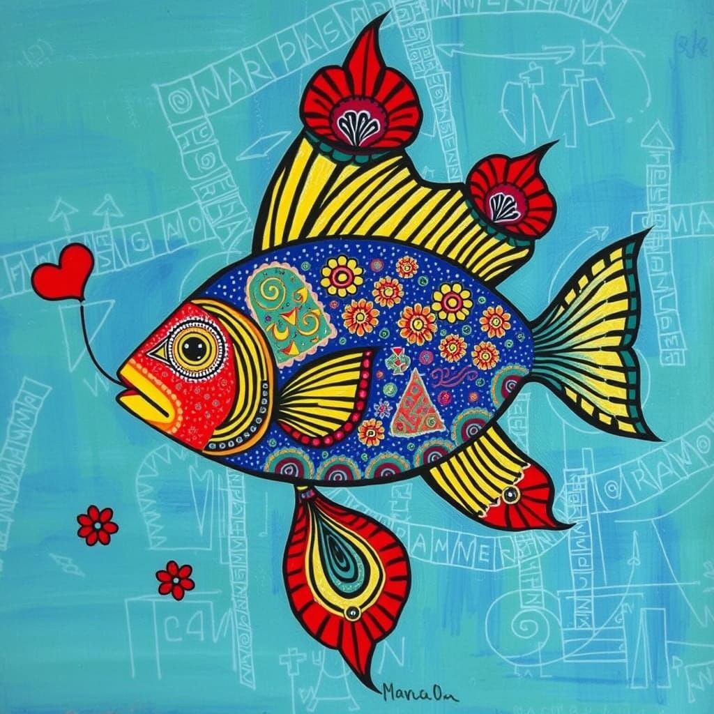 Madhubani Painting of Two Fish Kissing