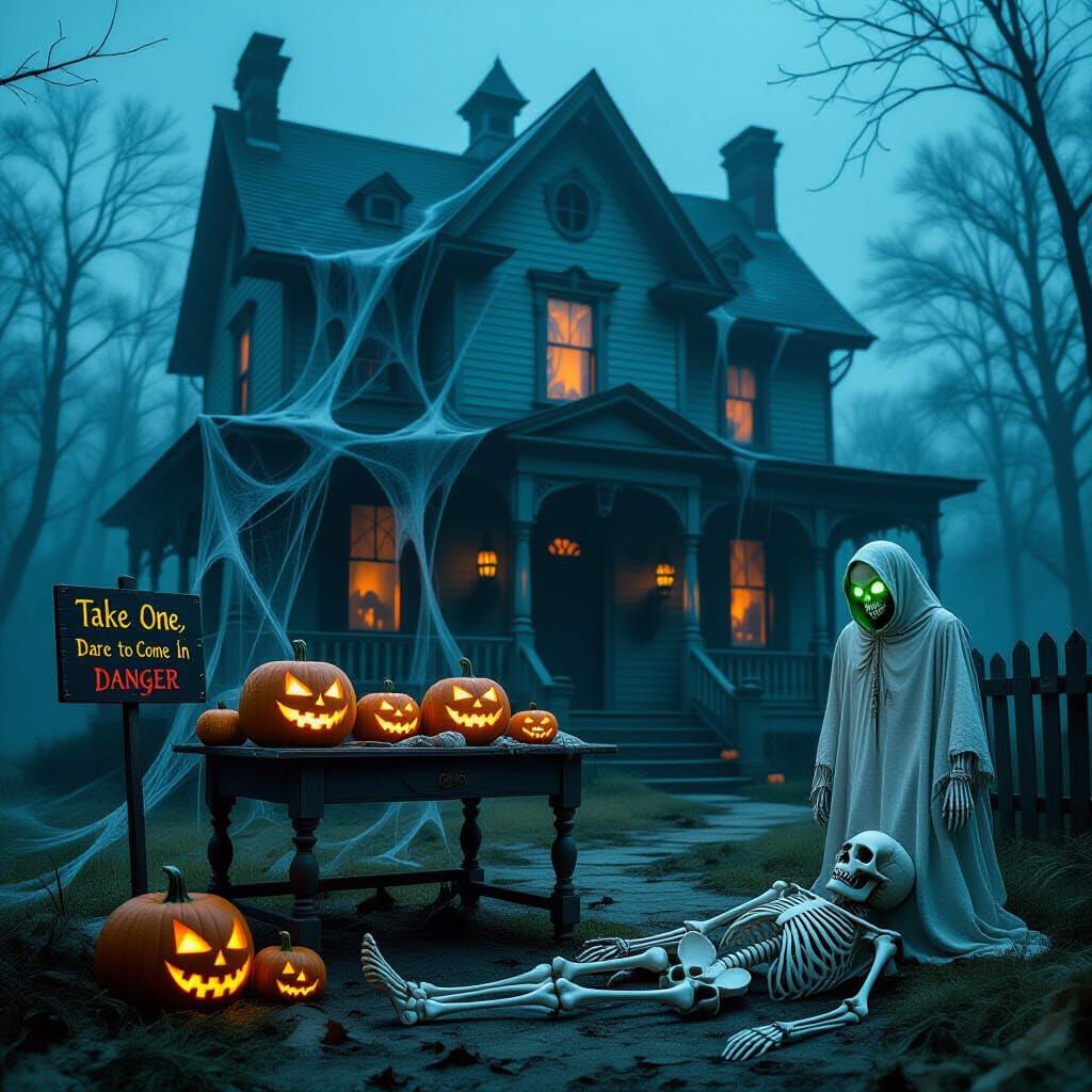 Eerie Haunted House with Glowing Pumpkins and Macabre Signs