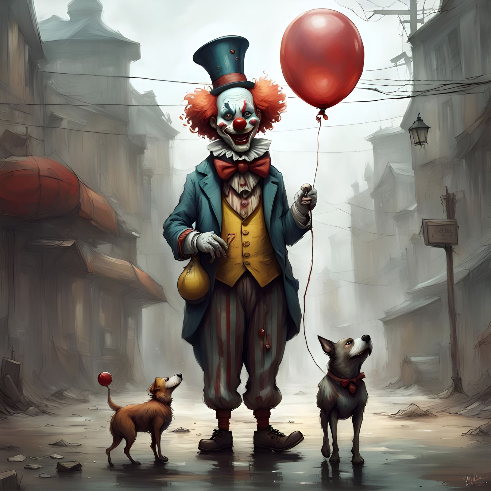 Creepy Clown with Balloon, Digital Art