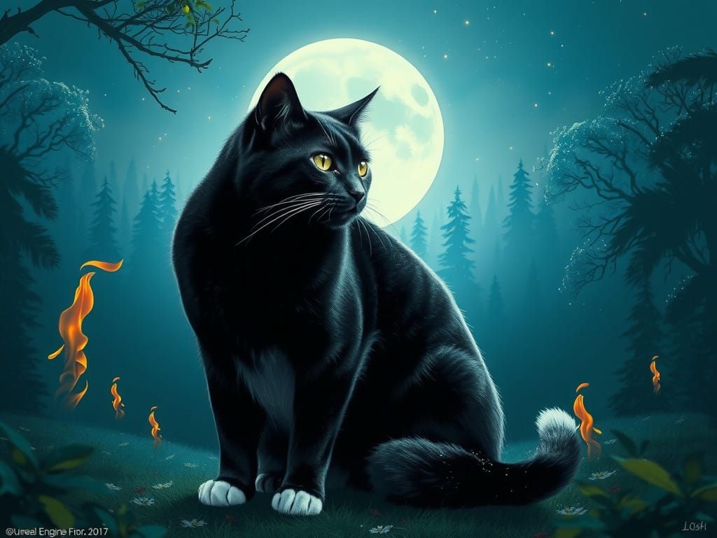 Majestic Black Cat Under Blue Moon in Mystical Forest