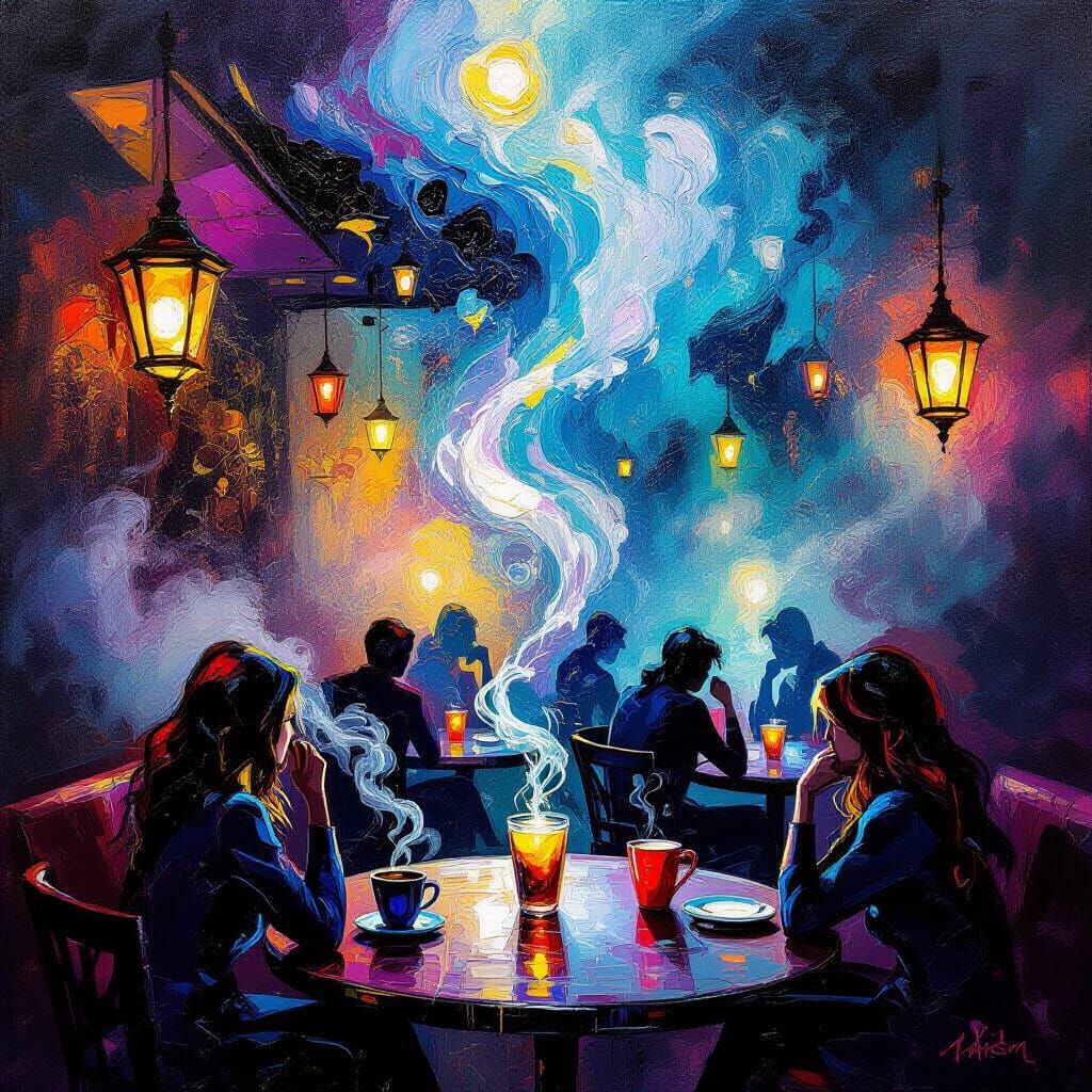 Dreamlike Cafe Interior with Magical Energy and Bold Impasto