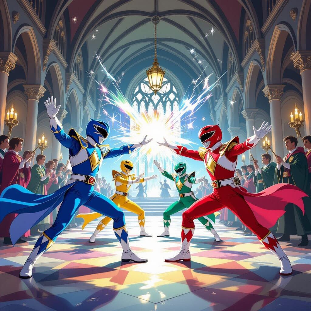 Power Rangers Battle at Hogwarts in Fantasy Art Style