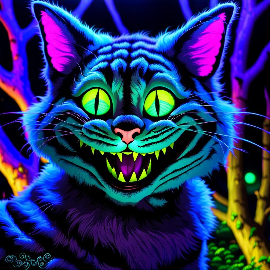 Blacklight Cheshire Cat in Neon Wonderland Forest