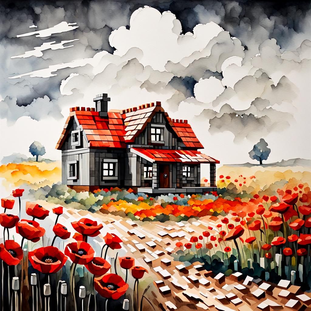 Minimalist Watercolor: Wheat Field with Poppies