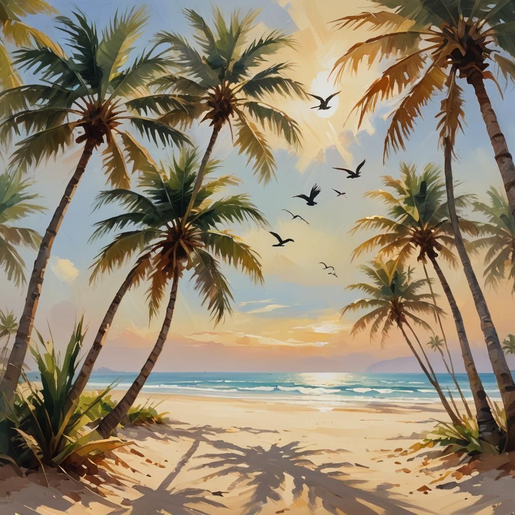 Impressionist Beach Sunset with Palm Trees and Birds