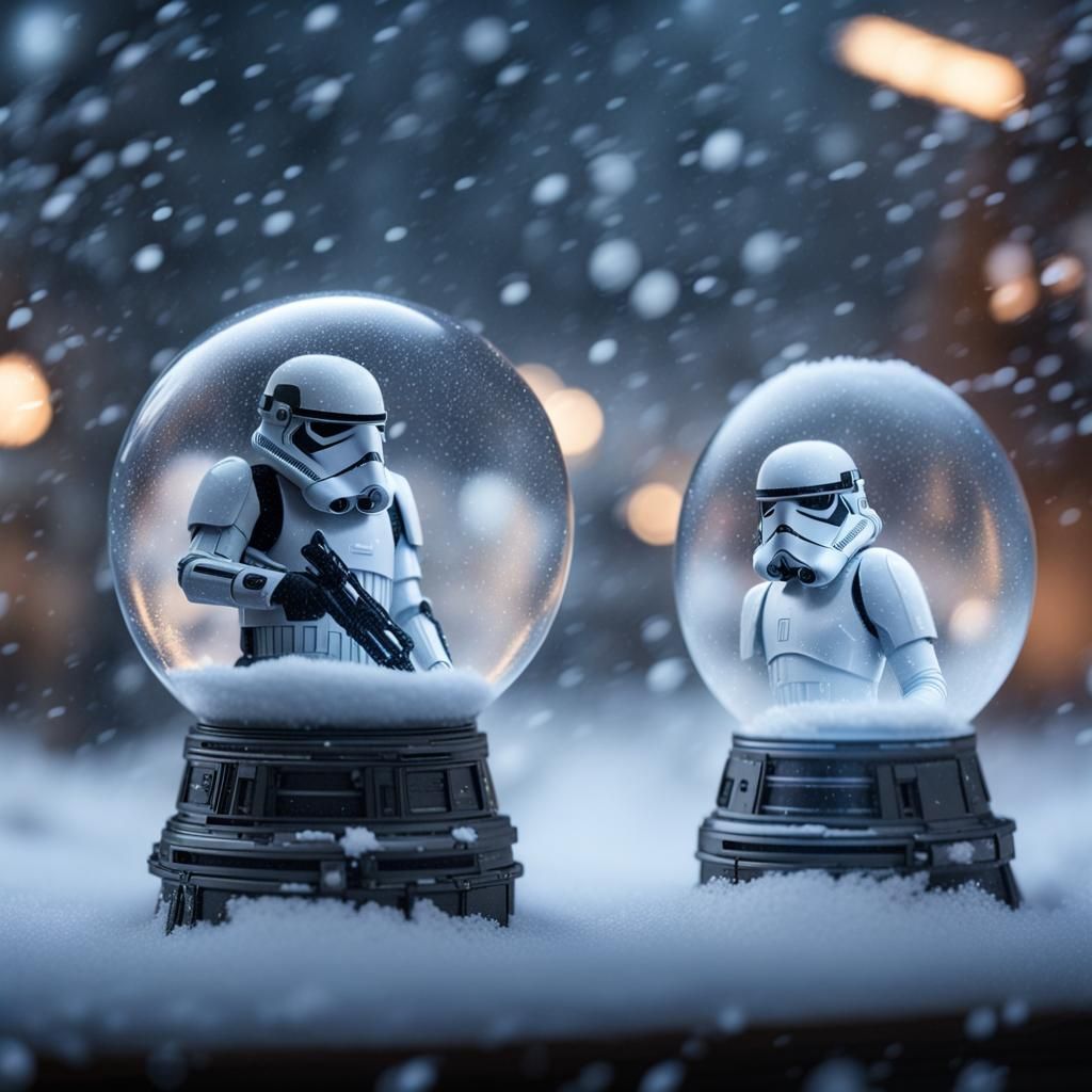8K photorealistic, iridescent snow globe, Star Wars, snowsto...