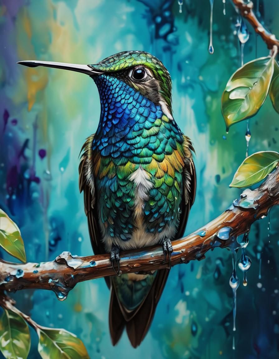 Hummingbird with Blue Eyes in Oil Painting Style