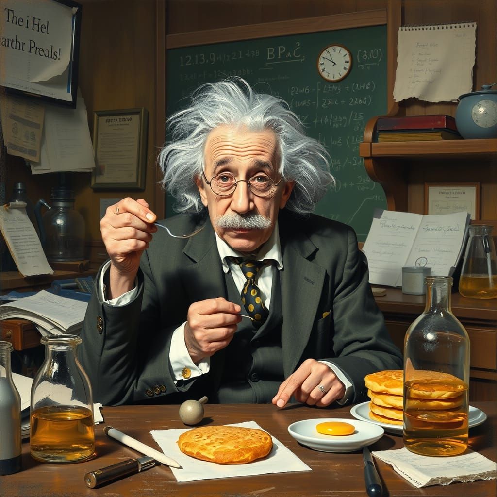 Einstein Savoring Potato Pancakes as Rockwell Painting