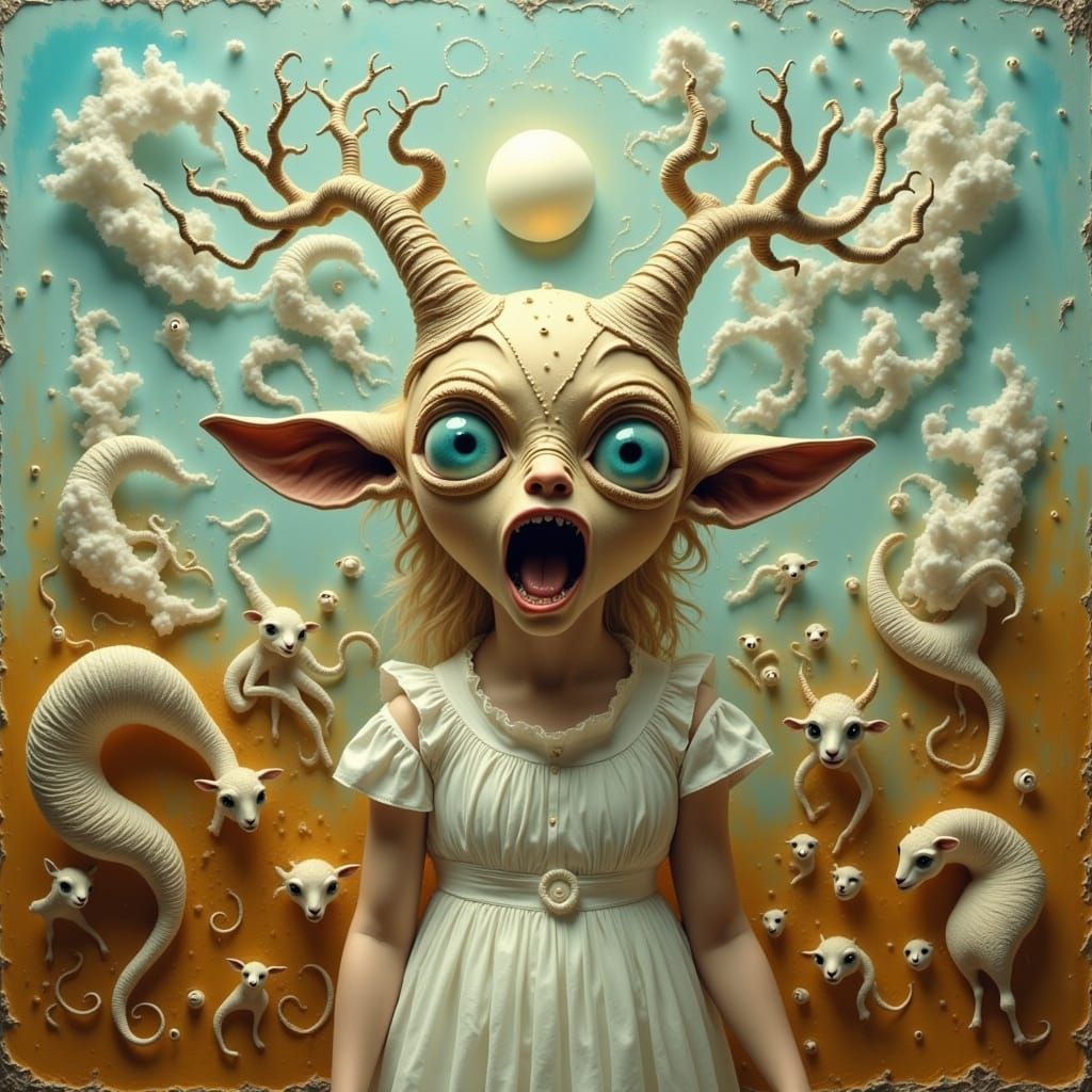 Screaming Girl Confronts Distorted Lamb in Surrealist Landsc...