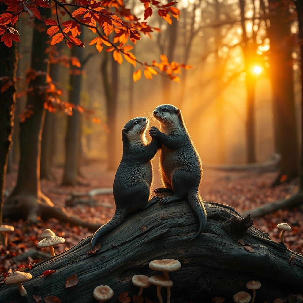 Otters Dancing in Autumn Forest at Sunset